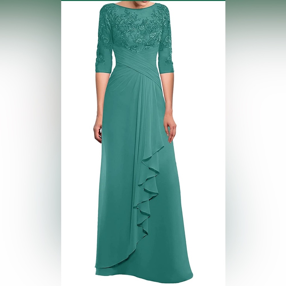 Jaeden Chiffon & Lace Formal Dress with 3/4 Sleeves in Dark Turquoise - size 14